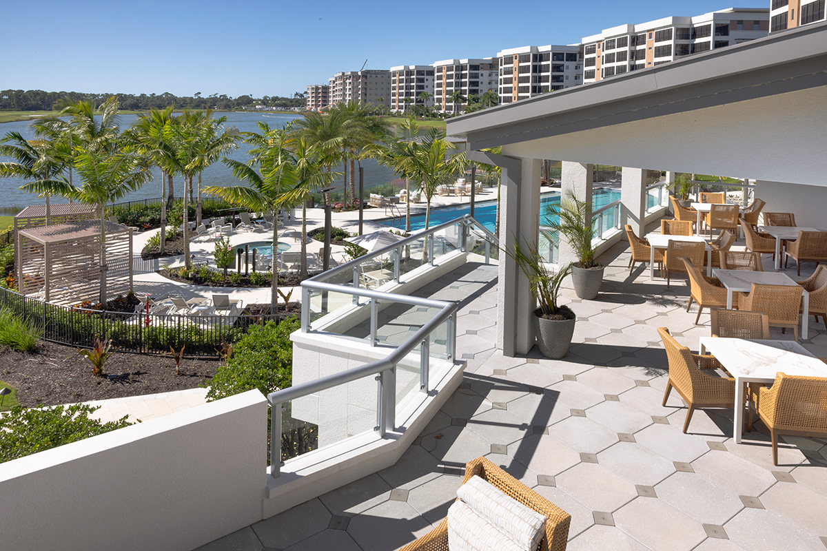 Architectural overhead poolside view of Moorings Grand Lake Clubhouse - Naples, FL.