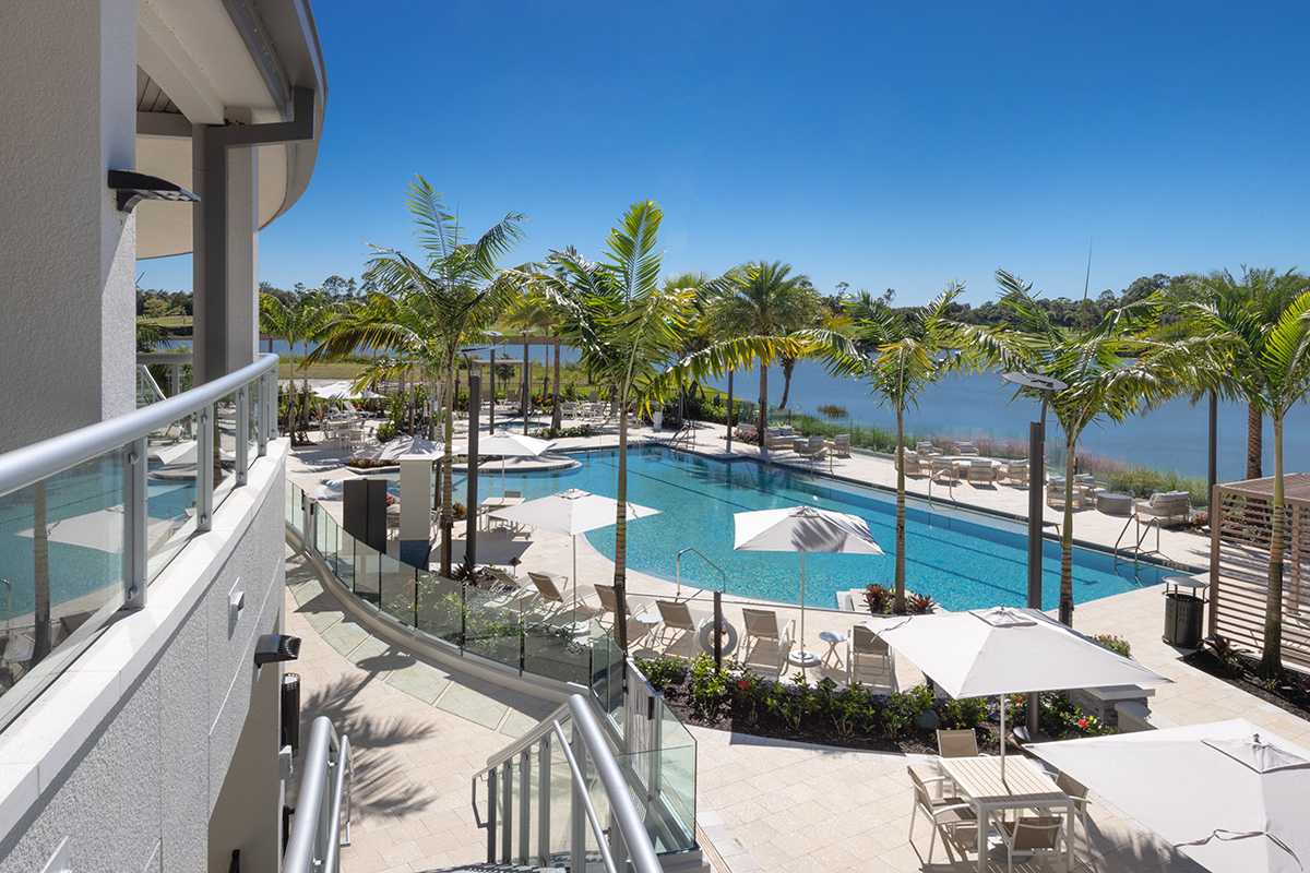 Architectural overhead poolside view of Moorings Grand Lake Clubhouse - Naples, FL.