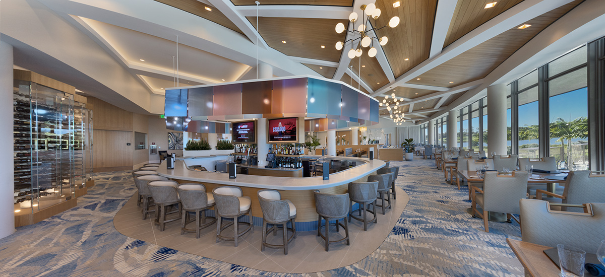 Interior design lobby dining room view of Moorings Grand Lake Clubhouse in Naples, FL.