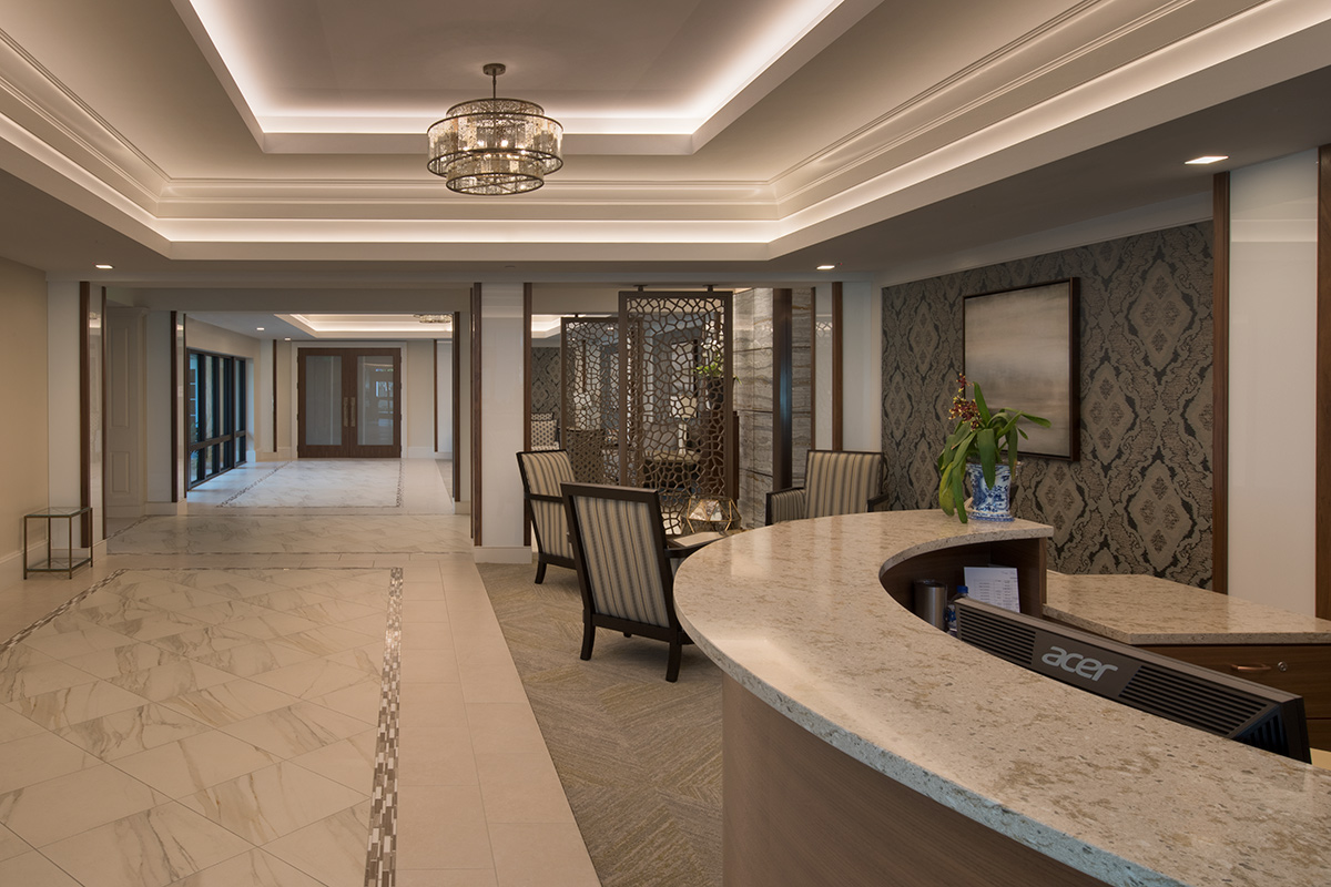 Interior design view of Moorings Park Clubhouse reception in Naples, FL.