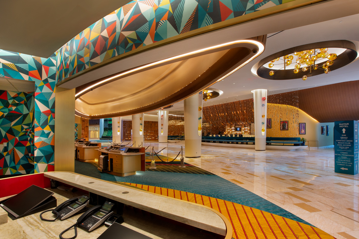 Interior design view of lobby reception at the Hard Rock Hollywood hotel.