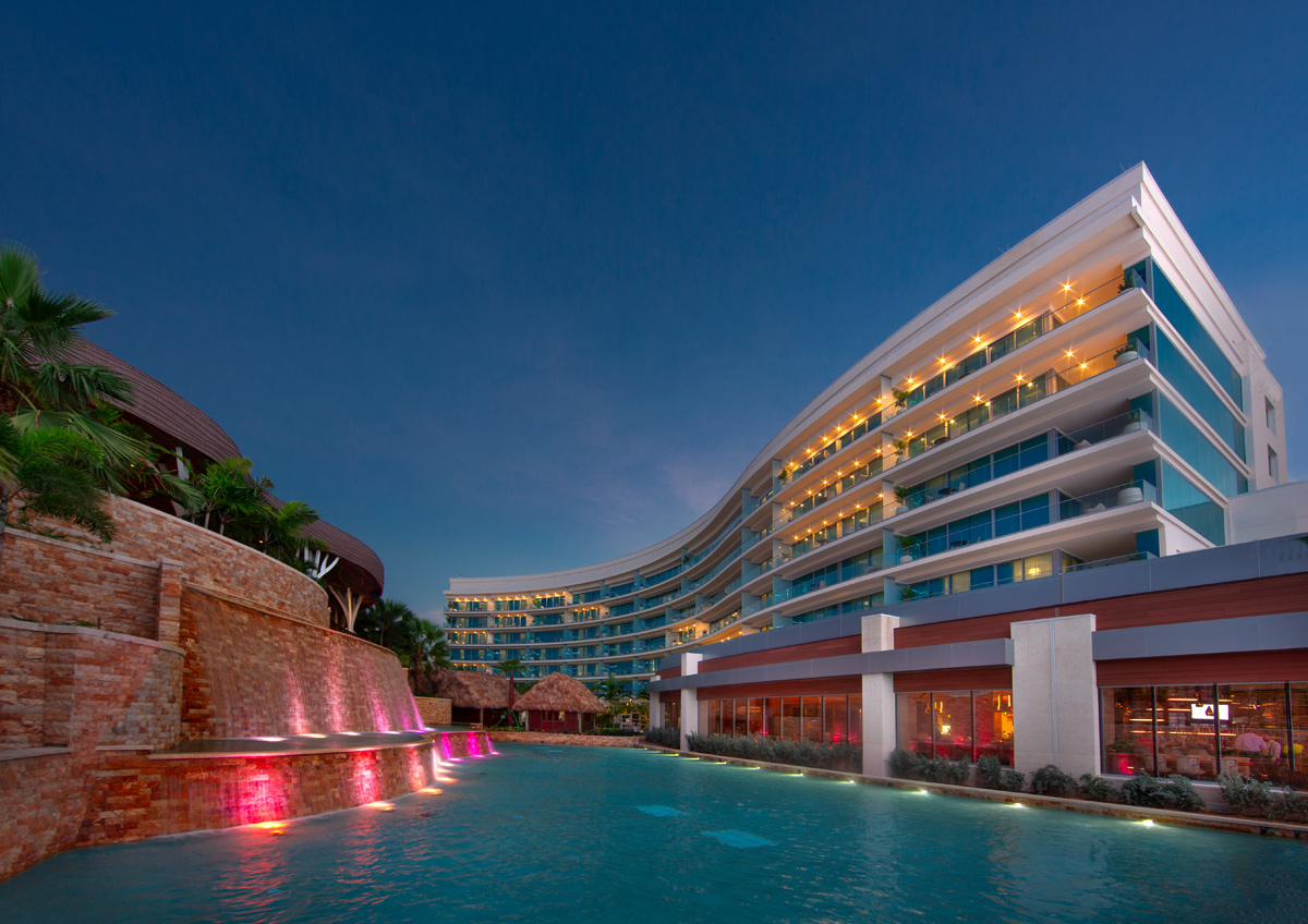 Architectural dusk view of the Hard Rock Hollywood hotel.