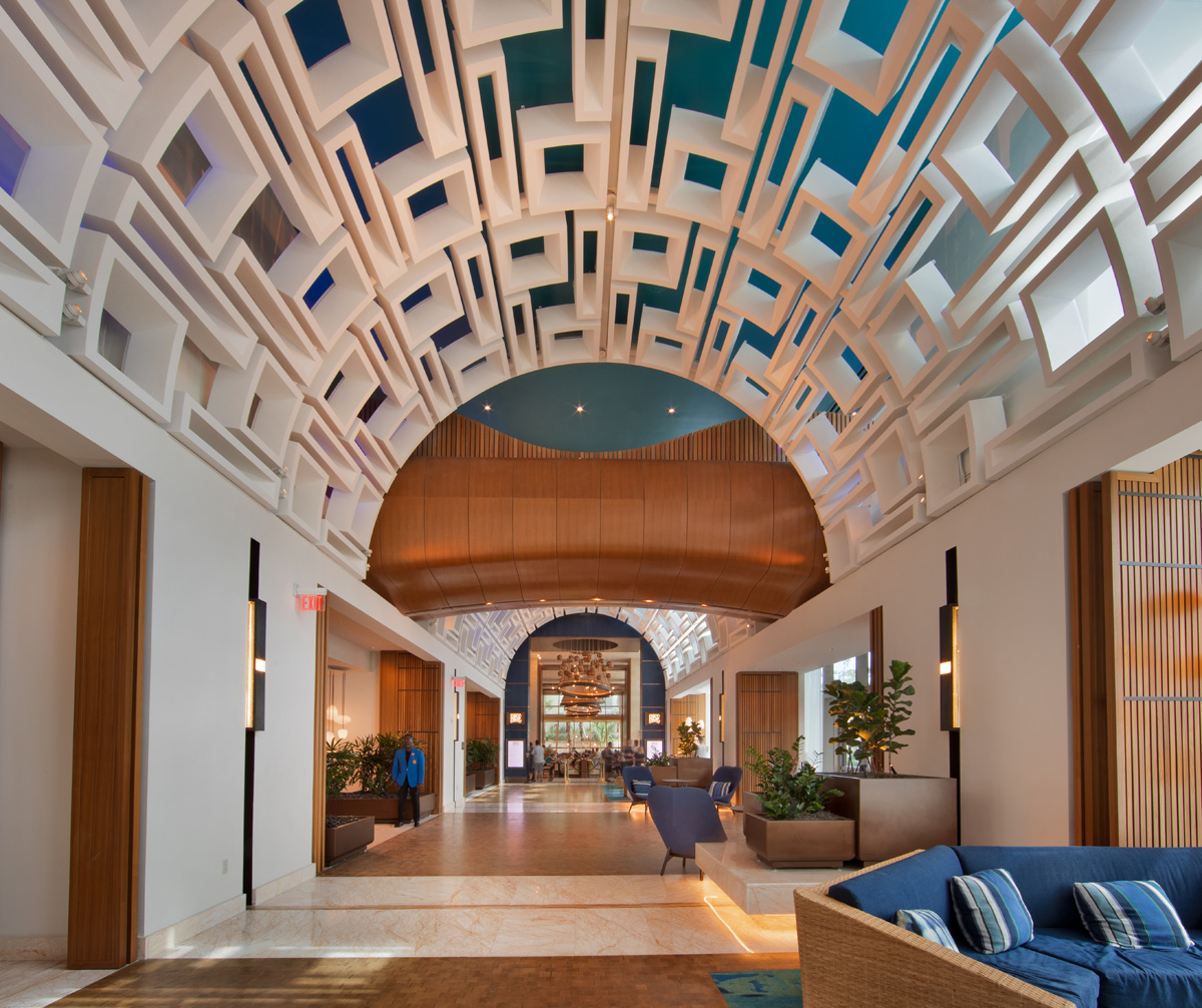 Interior design view of the lobby corridor at the Hard Rock Hollywood hotel.