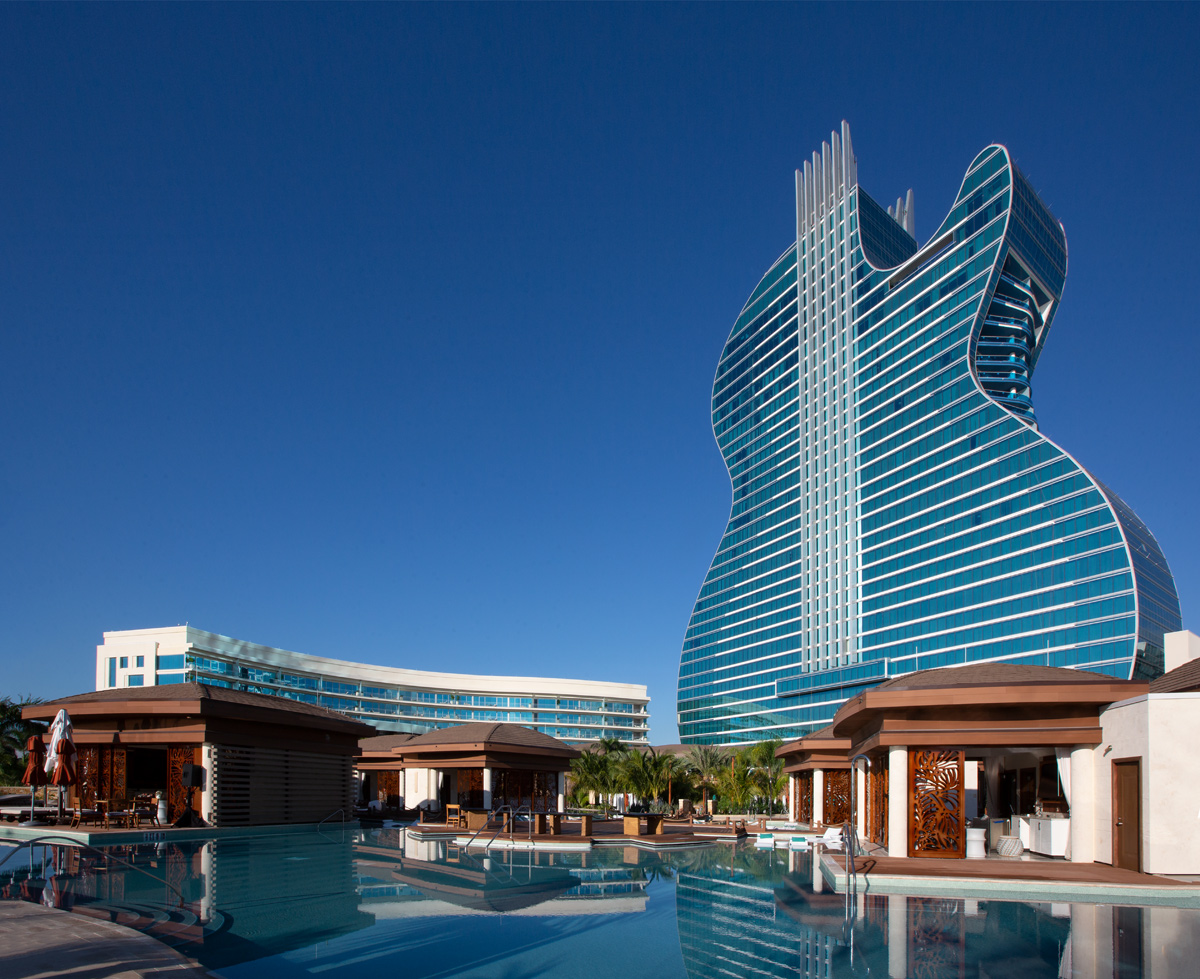 Architectural view of the Hard Rock Hollywood guitar hotel.