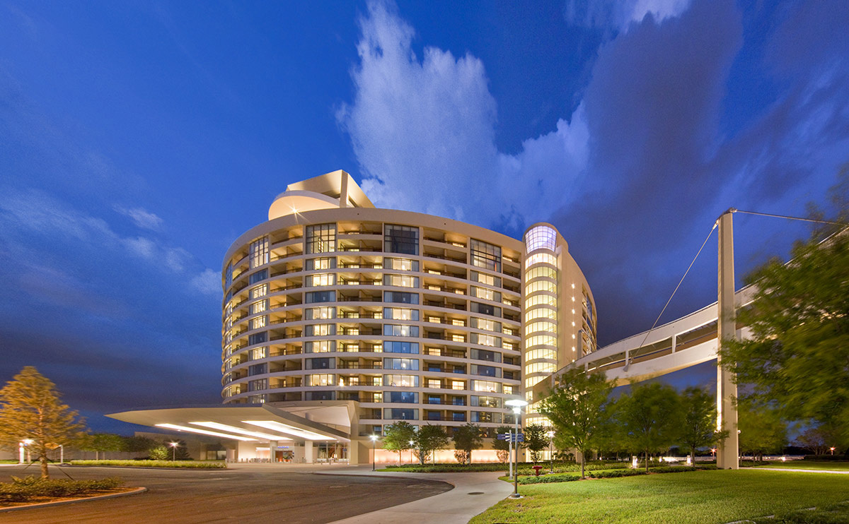Architectural dusk view of Bay Lake Tower at Disney's Resort - Orlando, FL.