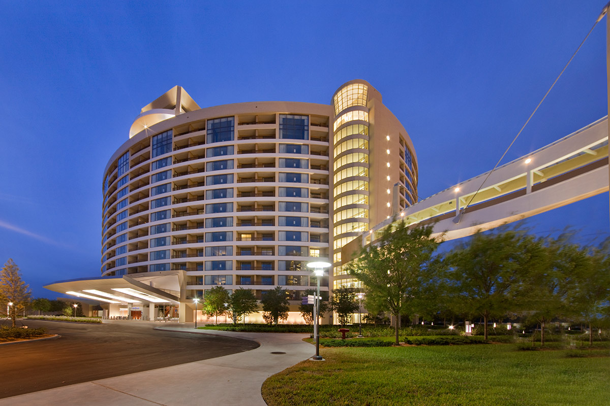 Architectural dusk view of Bay Lake Tower at Disney's Resort - Orlando, FL.