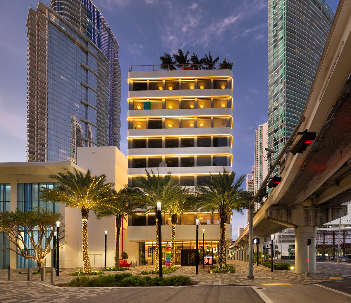 Architectural dusk view of the Citizen M hotel in Miami, FL.