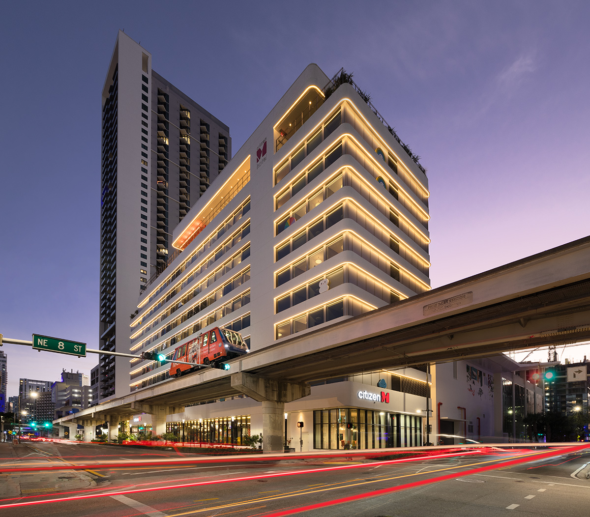 Architectural dusk view of the Citizen M hotel in Miami, FL.