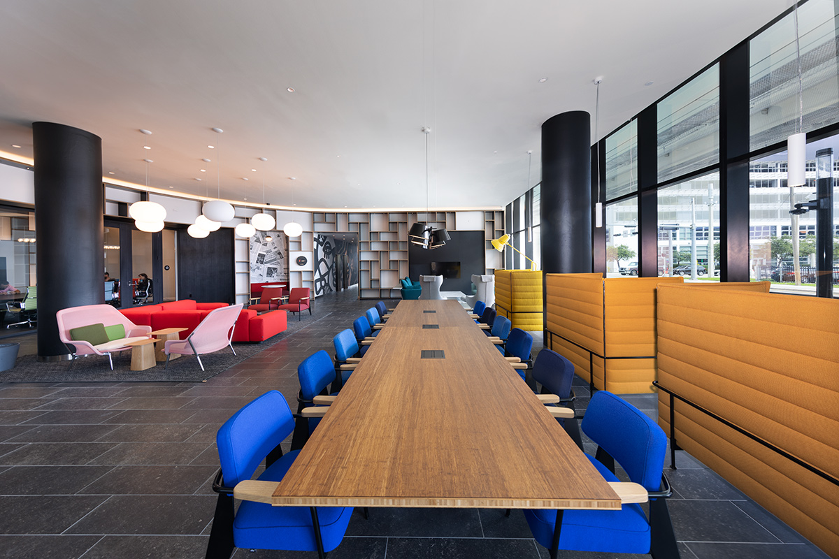 Interior design lounge view of the Citizen M hotel in Miami, FL.