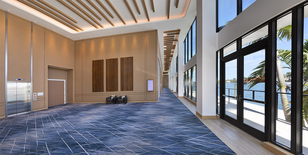 Architectural and interior design view of the Hilton Marina lobby in Fort Lauderdale, FL.
