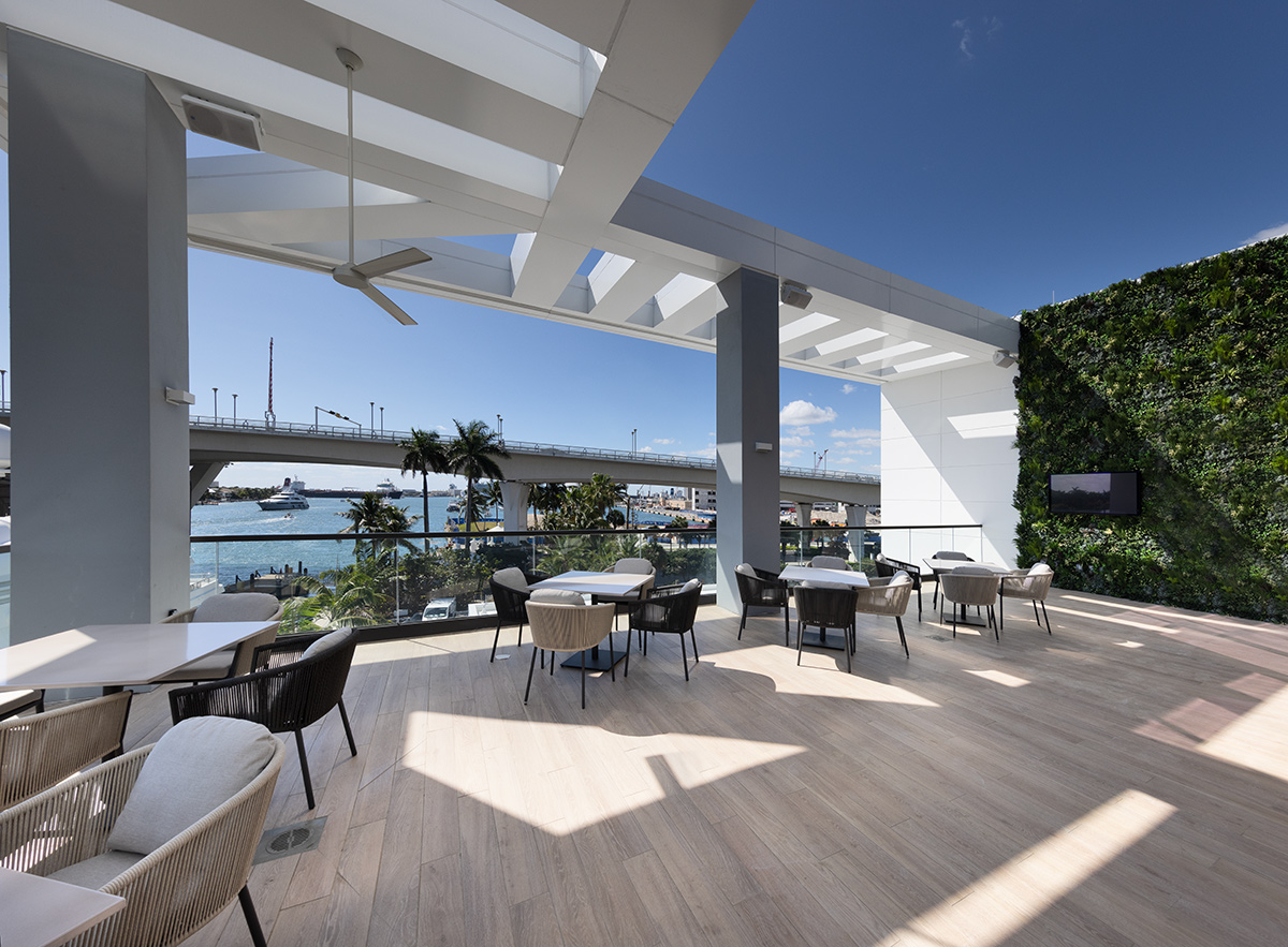 Architectural and interior design view of the Hilton Marina cafe terrace in Fort Lauderdale, FL.