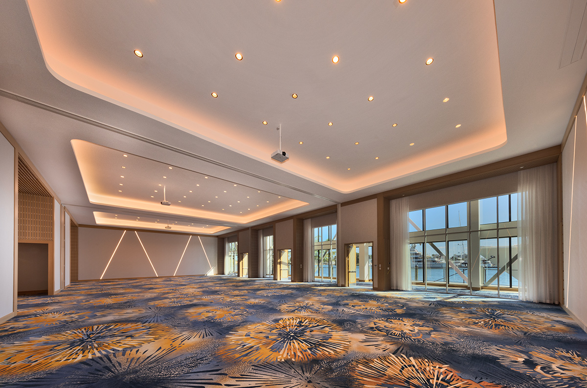 Architectural and interior design view of the Hilton Marina ballroom in Fort Lauderdale, FL.