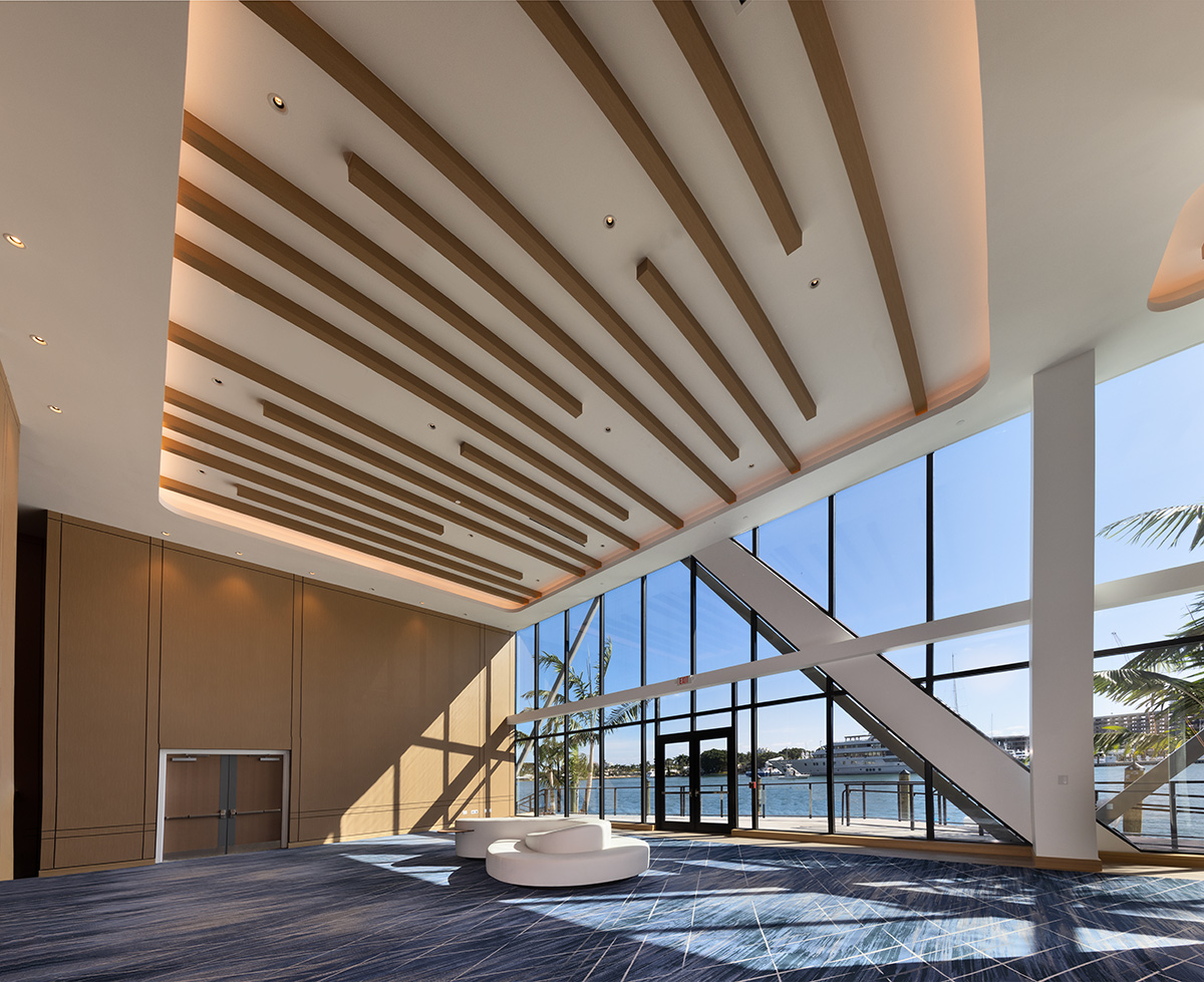 Architectural and interior design view of the Hilton Marina lobby in Fort Lauderdale, FL.