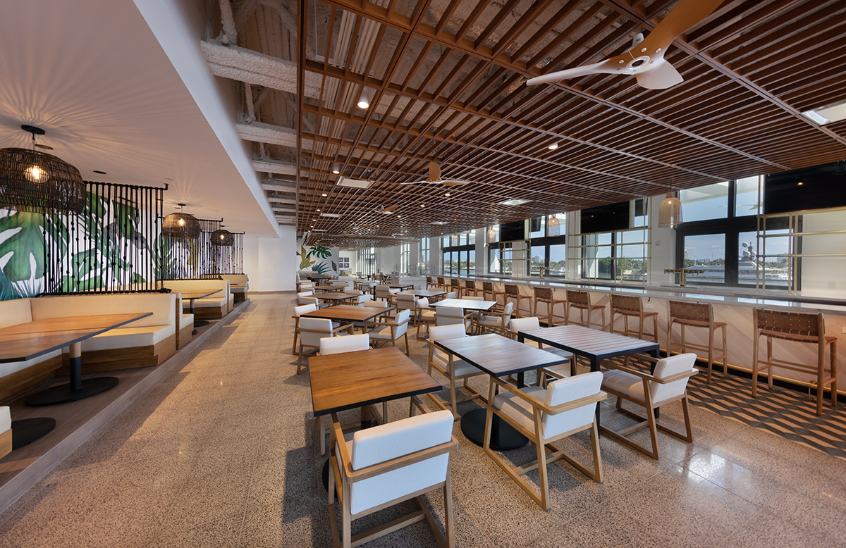Architectural and interior design view of the Hilton Marina cafe in Fort Lauderdale, FL.