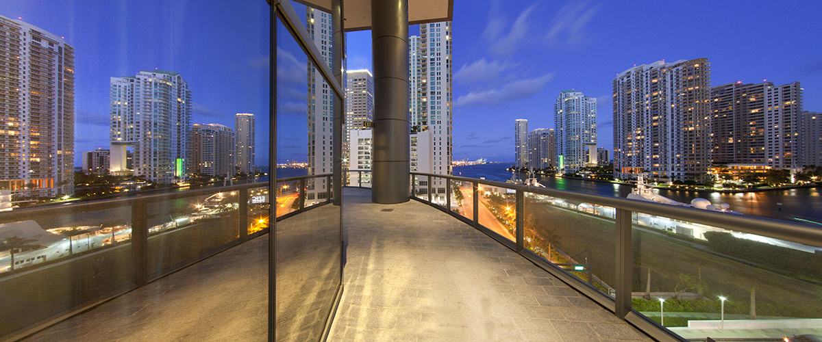The dusk terrace view at the JW Marriott Marquis in downtown Miami provides a luxury hospitality experience.