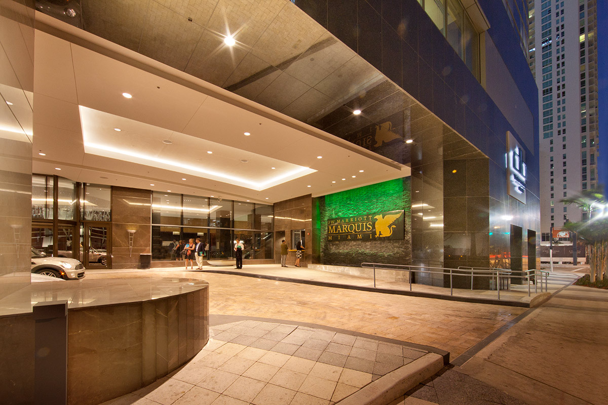 The entrance to the JW Marriott Marquis in downtown Miami providing a luxury hospitality experience.