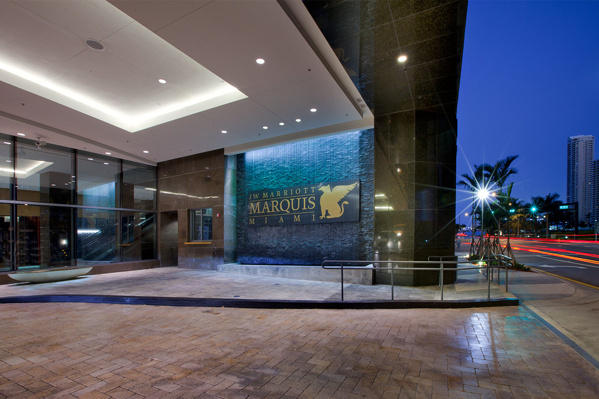 The entrance to the JW Marriott Marquis in downtown Miami providing a luxury hospitality experience.