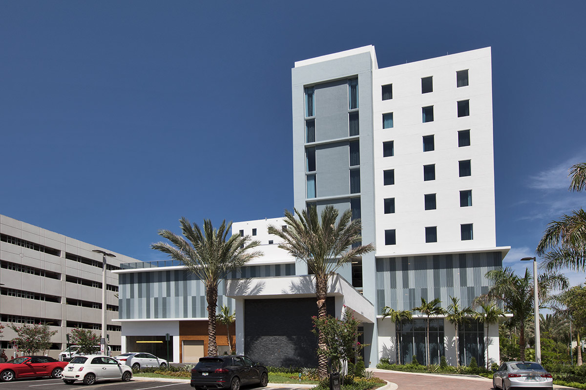 Architectural view of the AC Hotel entrance Aventura, FL