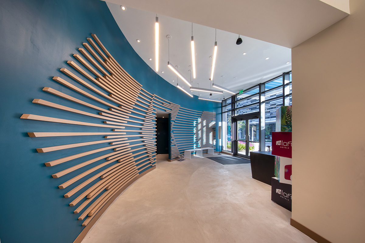 Interior design lobby view at the Aloft Aventura, Miami, FL.