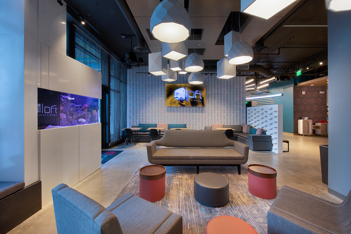 Interior design lobby view at the Aloft Aventura, Miami, FL.