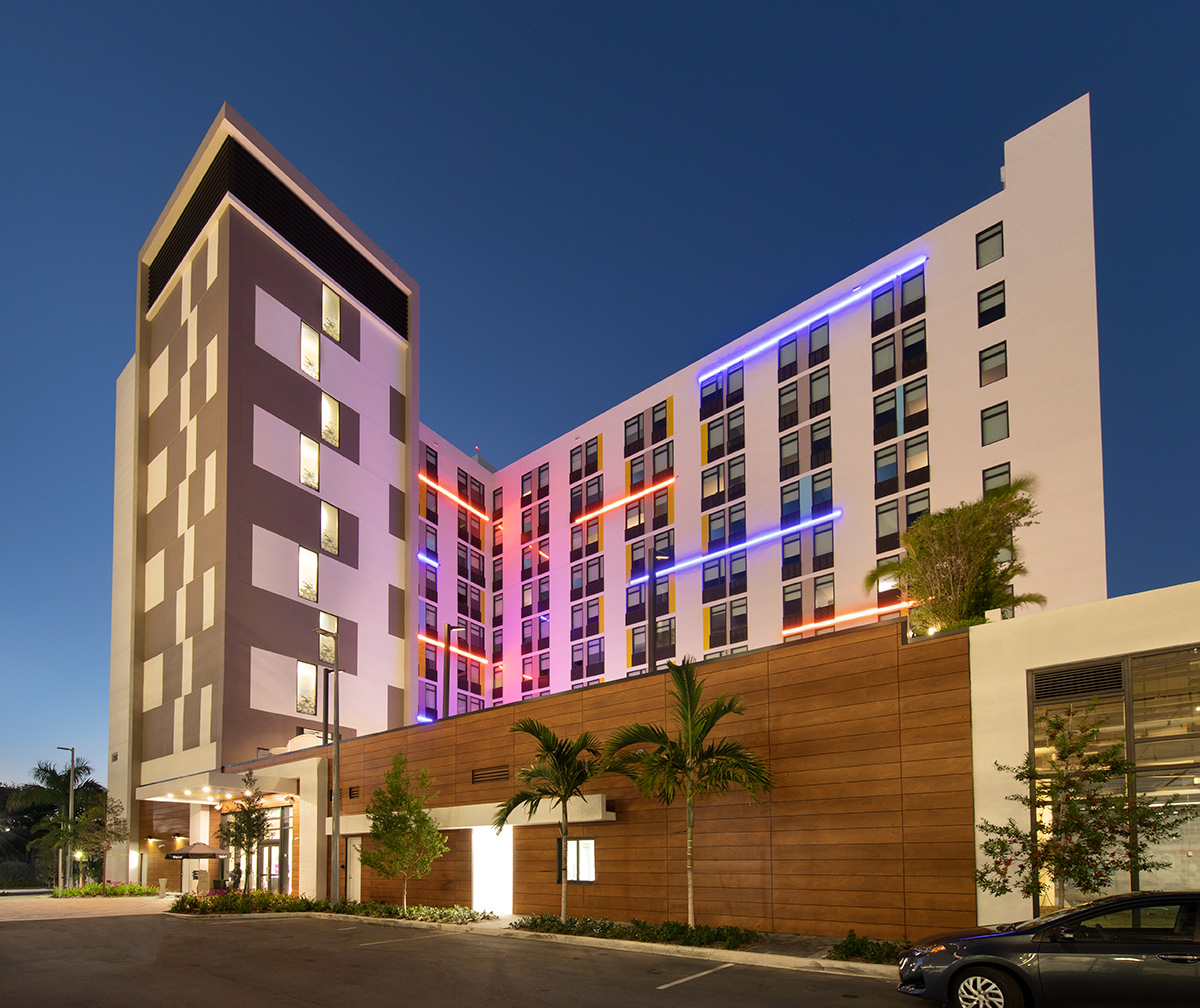 Architectural dusk view at the Aloft Aventura, Miami, FL