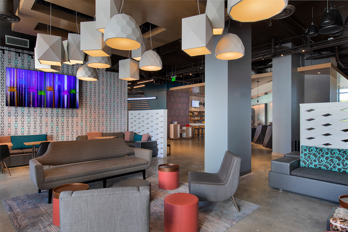 Interior design lobby view at the Aloft Aventura, Miami, FL.