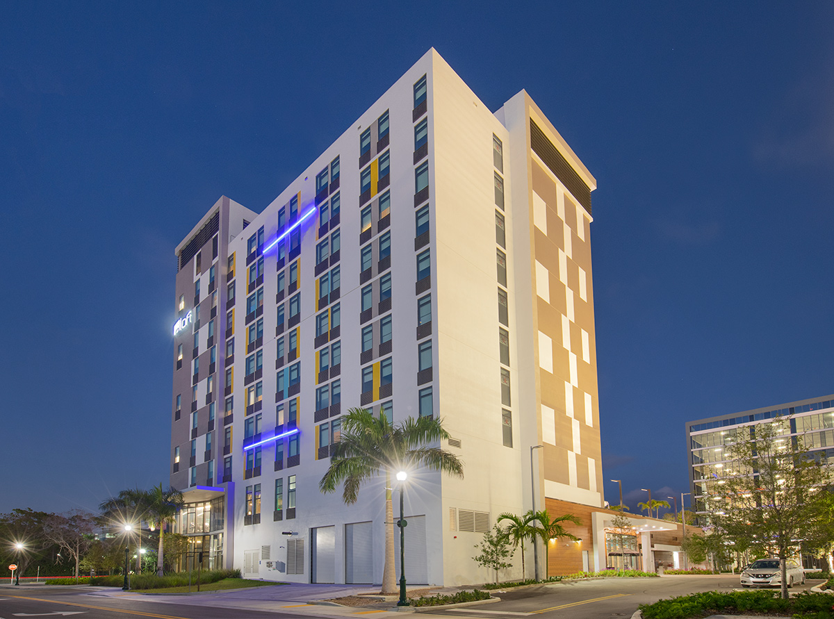 Architectural dusk view at the Aloft Aventura, Miami, FL