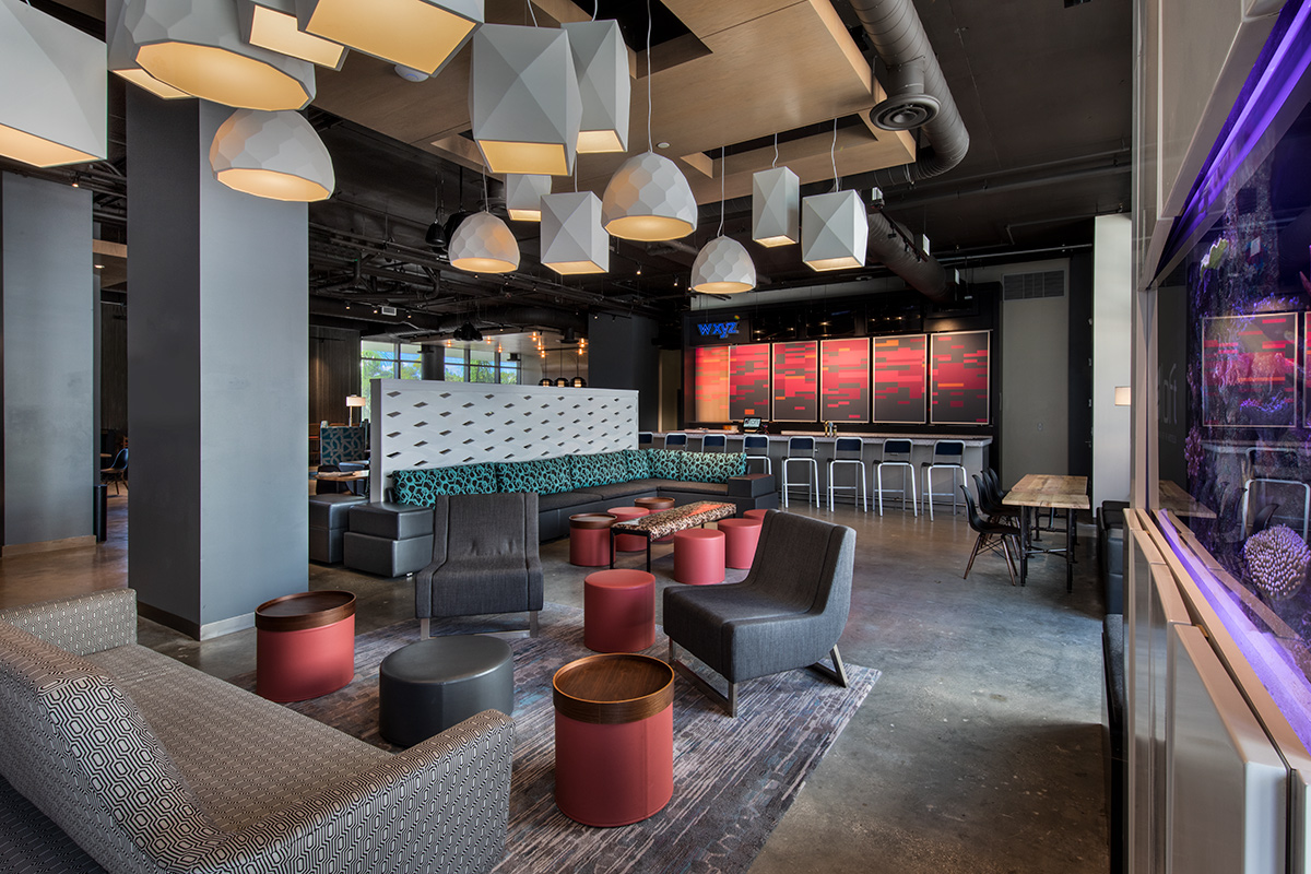 Interior design dining view at the Aloft Aventura, Miami, FL.