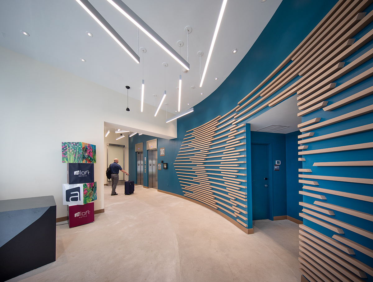 Interior design lobby view at the Aloft Aventura, Miami, FL.