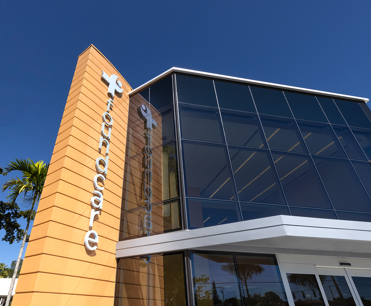 Architectural detail view of the Foundcare clinic in  West Palm Beach, FL.