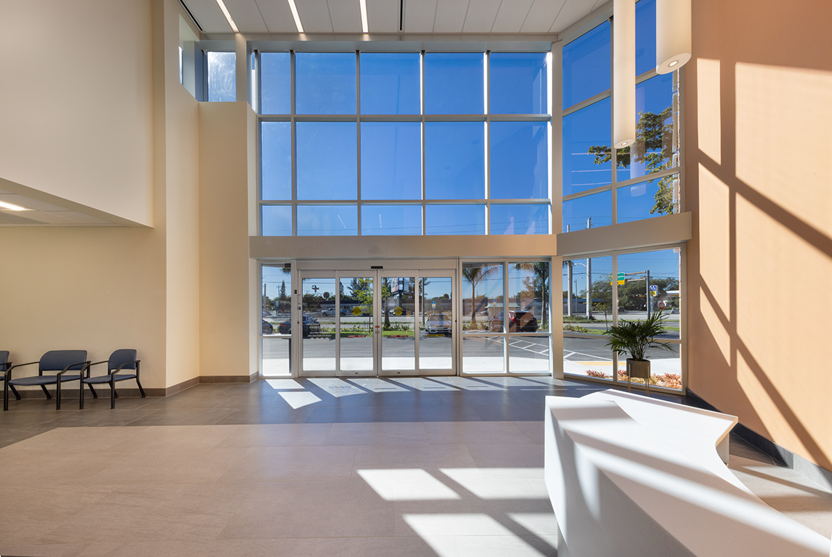 Interior design view of the Foundcare clinic lobby in  West Palm Beach, FL.