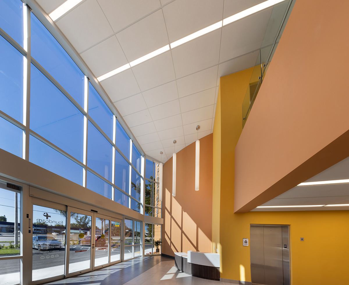 Interior design view of the Foundcare clinic lobby in West Palm Beach, FL.