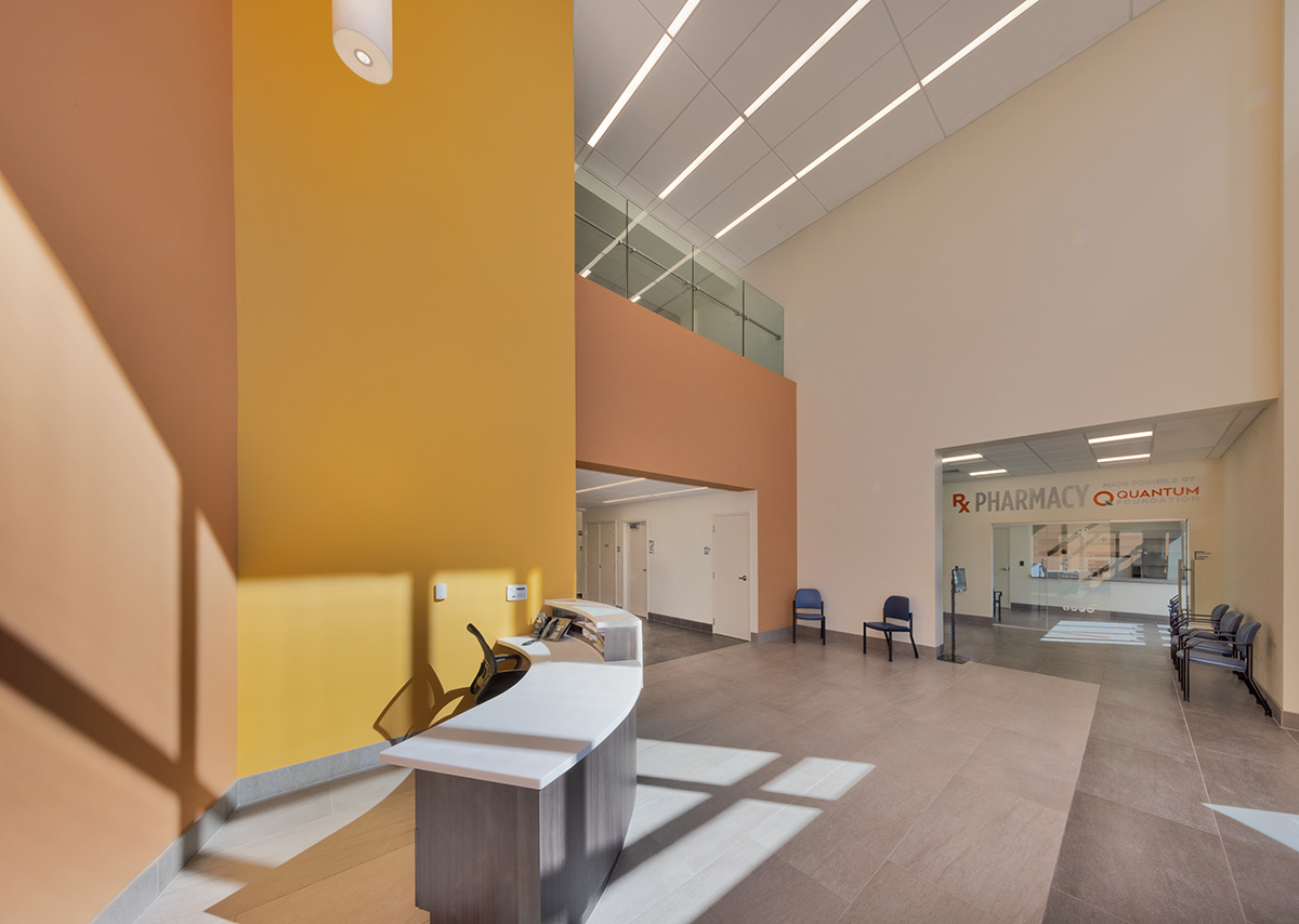 Interior design view of the Foundcare clinic lobby in West Palm Beach, FL.