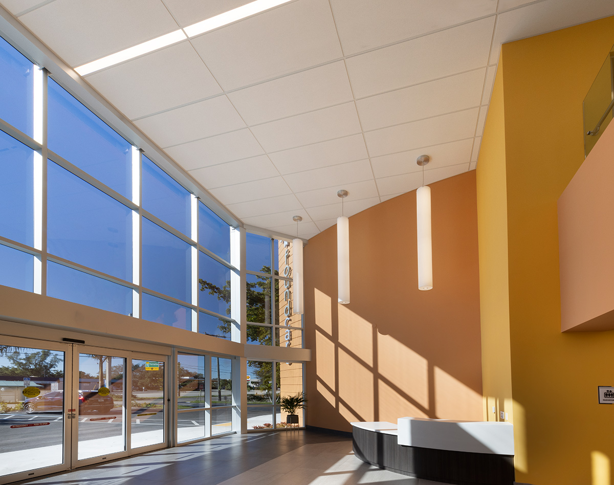 Interior design view of the Foundcare clinic lobby in West Palm Beach, FL.