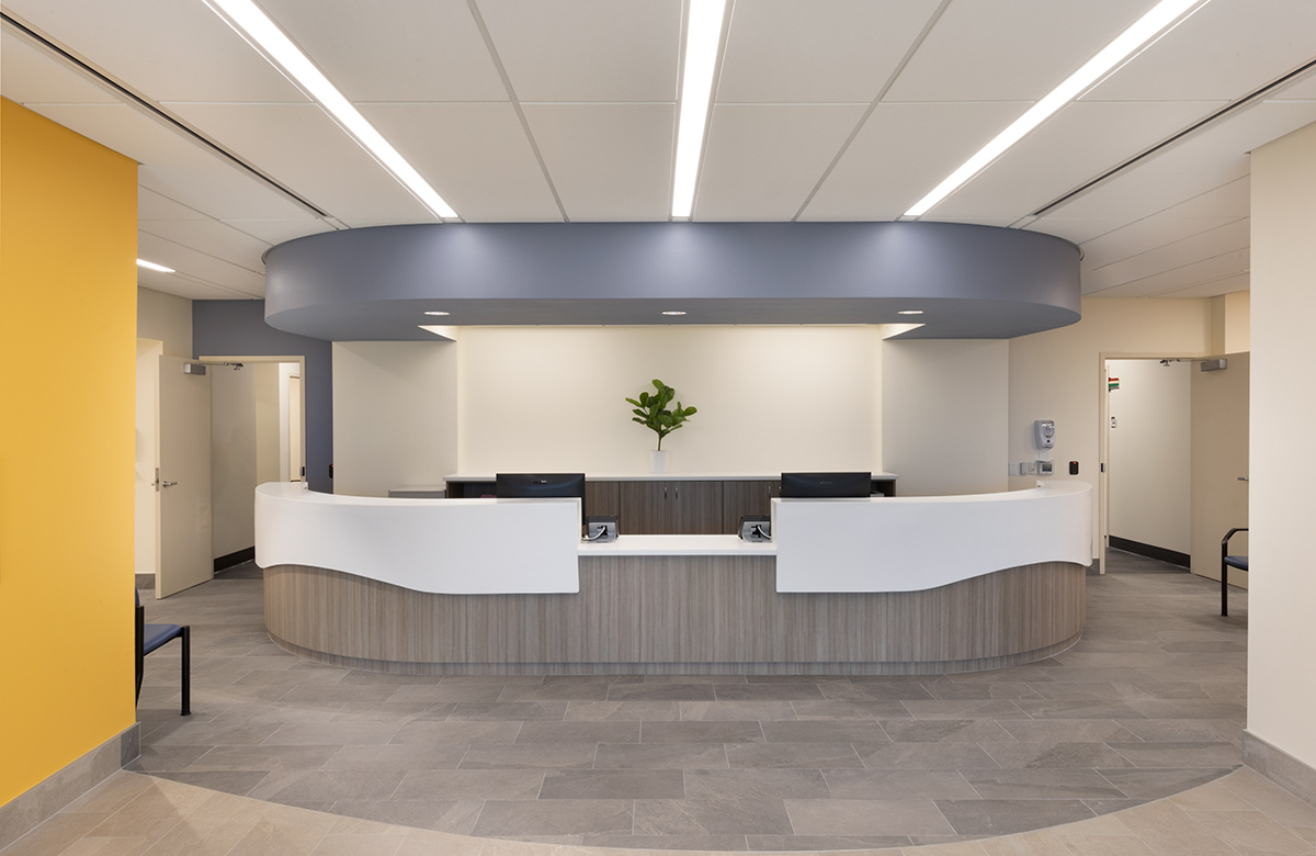 Interior design view of the Foundcare clinic reception in West Palm Beach, FL.