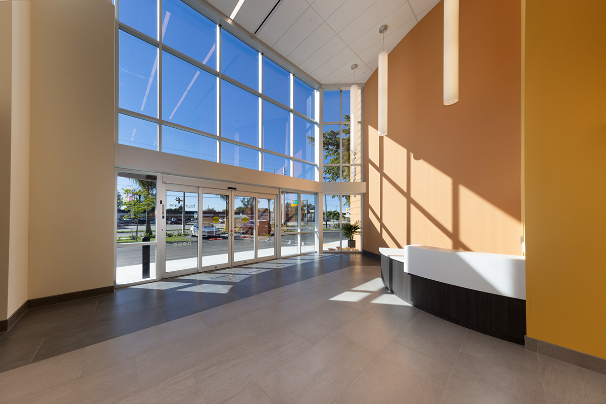 Interior design view of the Foundcare clinic lobby in West Palm Beach, FL.