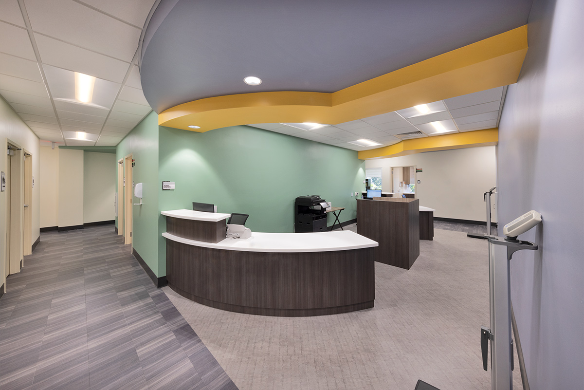 Interior design view of the Foundcare clinic nurse station in West Palm Beach, FL.