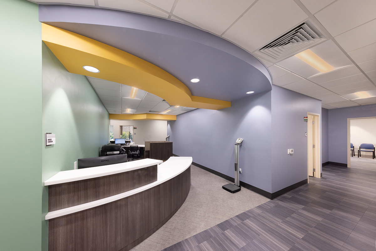 Interior design view of the Foundcare clinic nurse station in West Palm Beach, FL.