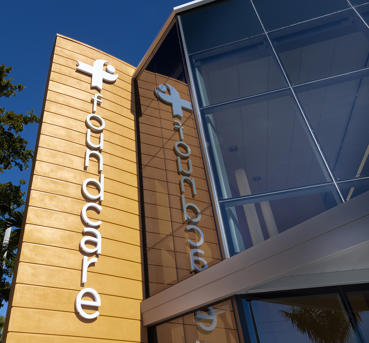 Architectural detail view of the Foundcare clinic in West Palm Beach, FL.