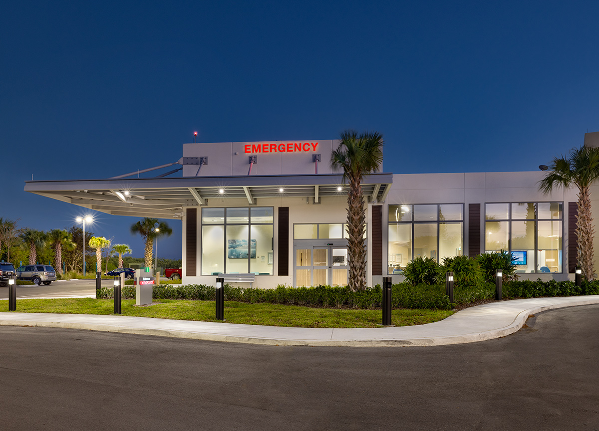 Architectural dusk emergency entrance view of Baptist Fishermen's Community Hospital in Marathon, FL