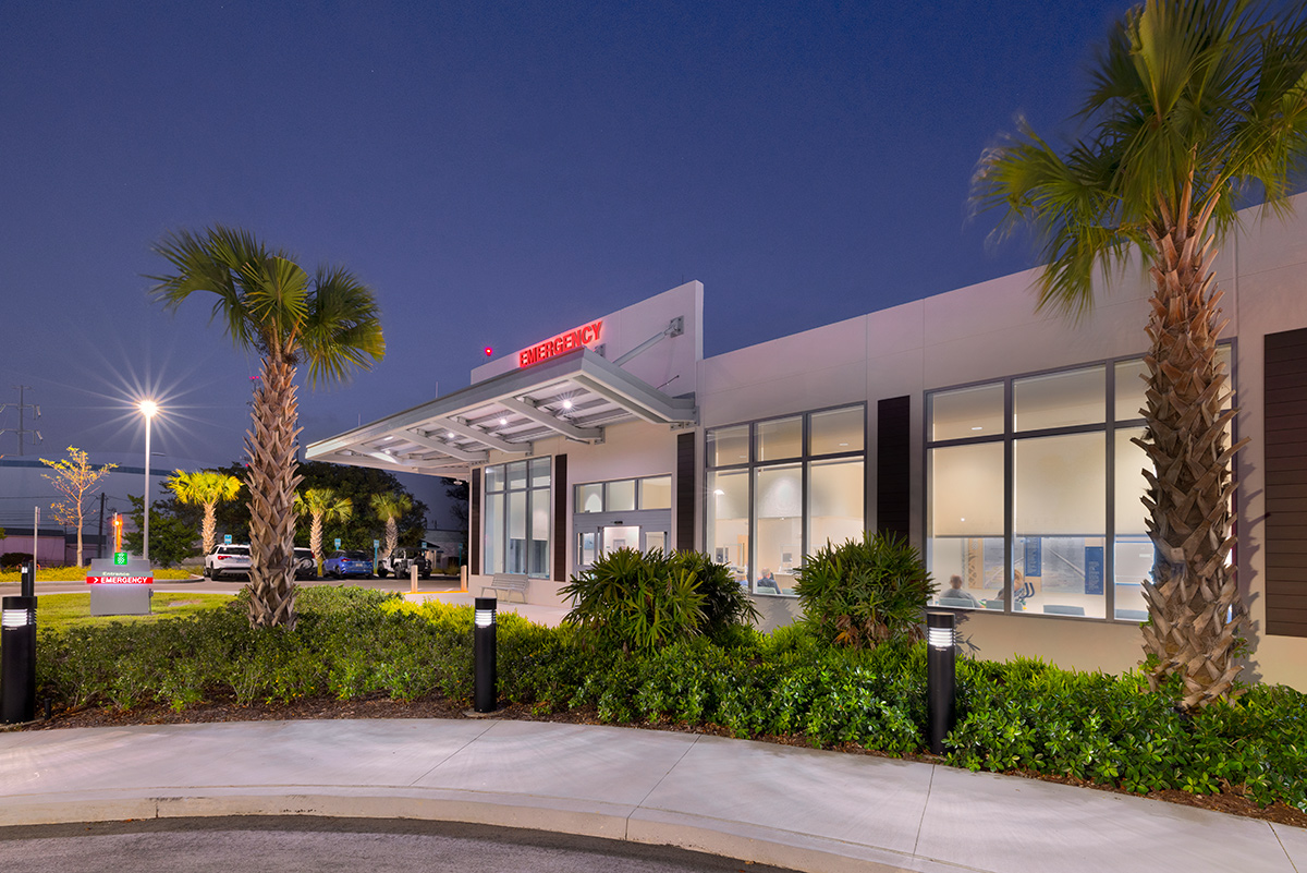 Architectural dusk emergency entrance view of Baptist Fishermen's Community Hospital in Marathon, FL