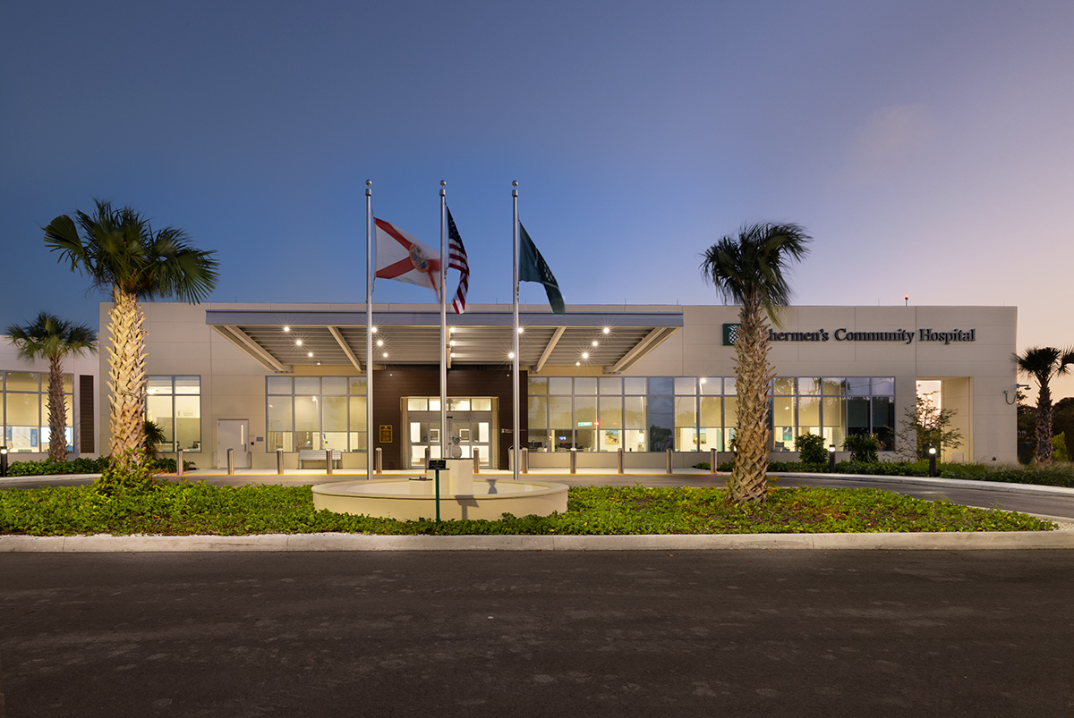 Architectural dusk entrance view of Baptist Fishermen's Community Hospital in Marathon, FL