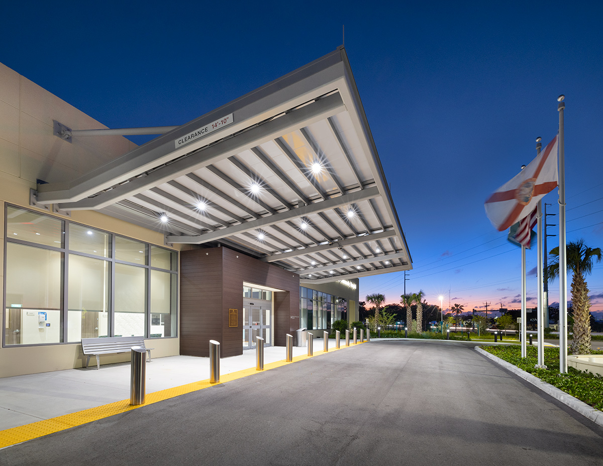 Architectural dusk entrance view of Baptist Fishermen's Community Hospital in Marathon, FL