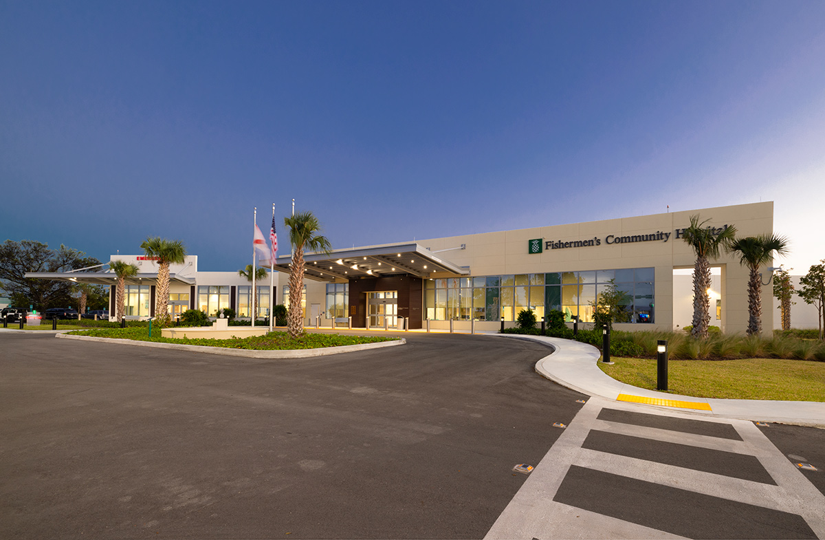 Architectural dusk entrance view of Baptist Fishermen's Community Hospital in Marathon, FL