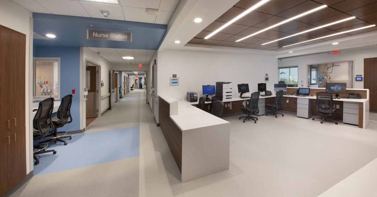 Interior design nurse station view of the Jackson Health Treatment Center and ICU in Miami, FL