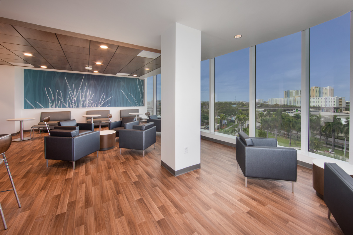 Interior design patient lounge view at the Jackson Health Treatment Center and ICU in Miami, FL