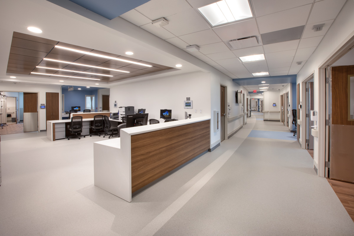 Interior design nurse station view of the Jackson Health Treatment Center and ICU in Miami, FL