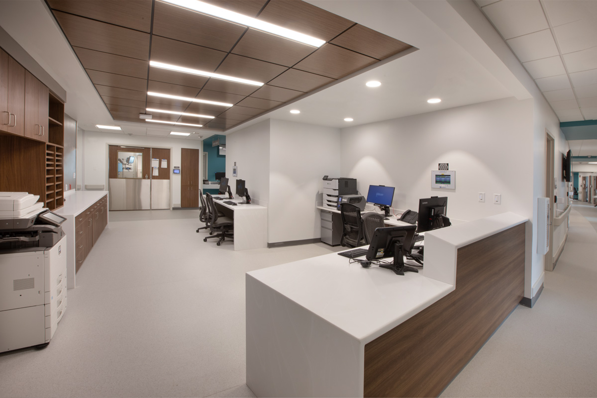 Interior design nurse station view of the Jackson Health Treatment Center and ICU in Miami, FL