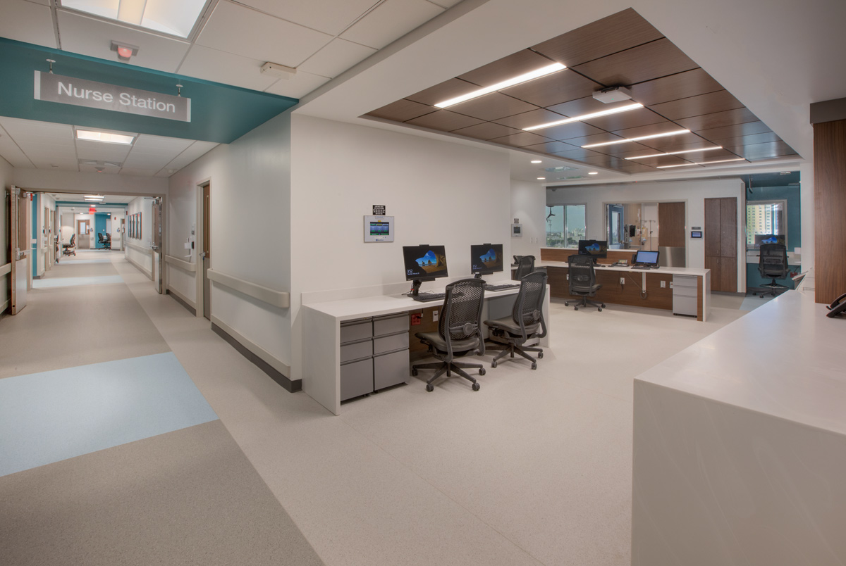 Interior design nurse station view of the Jackson Health Treatment Center and ICU in Miami, FL