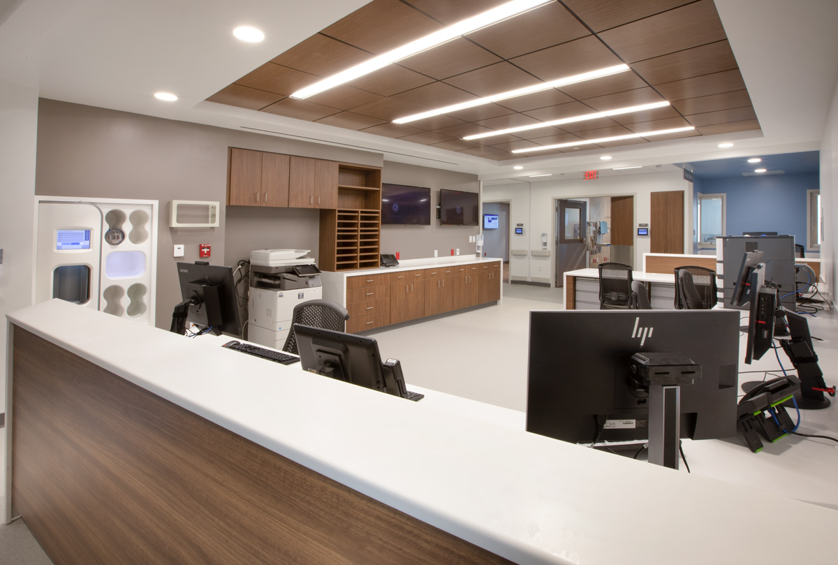 Interior design nurse station view of the Jackson Health Treatment Center and ICU in Miami, FL